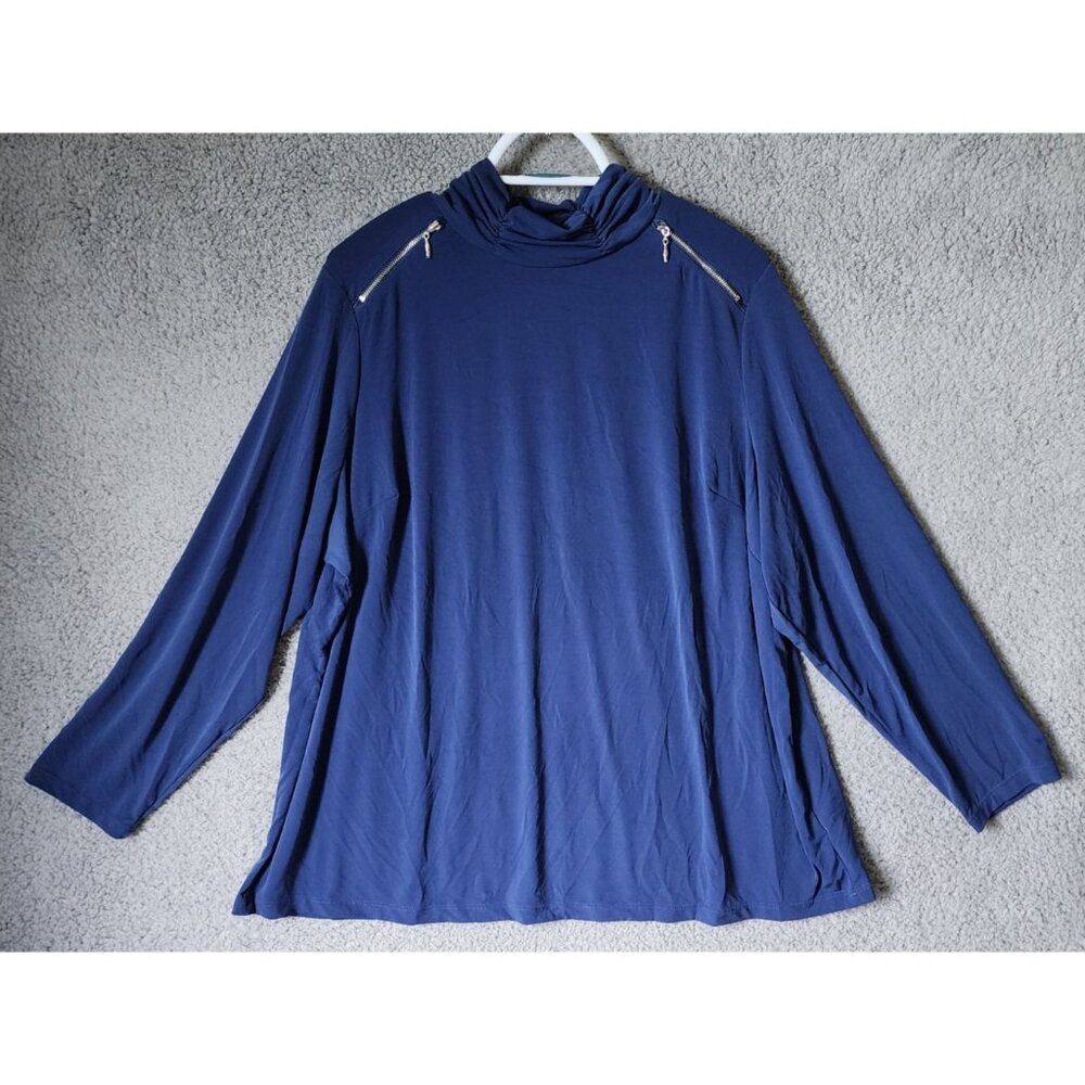 Susan Graver Women's Plus Size 2X Long Sleeve Mock Neck‎ Liquid Knit Blouse Blue